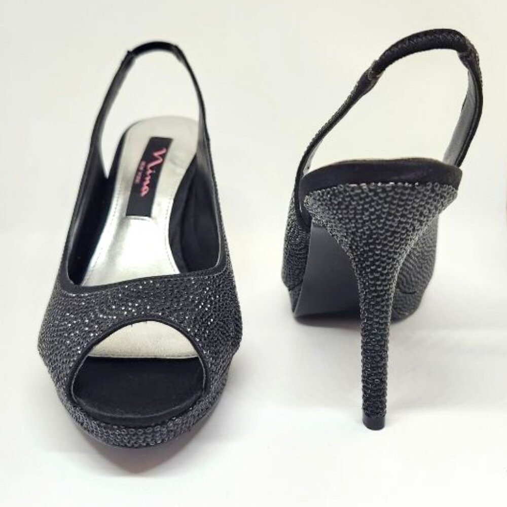 Nina Women's Black Slingback High-Heel W/Strap and Rhinestones Size 5.5
